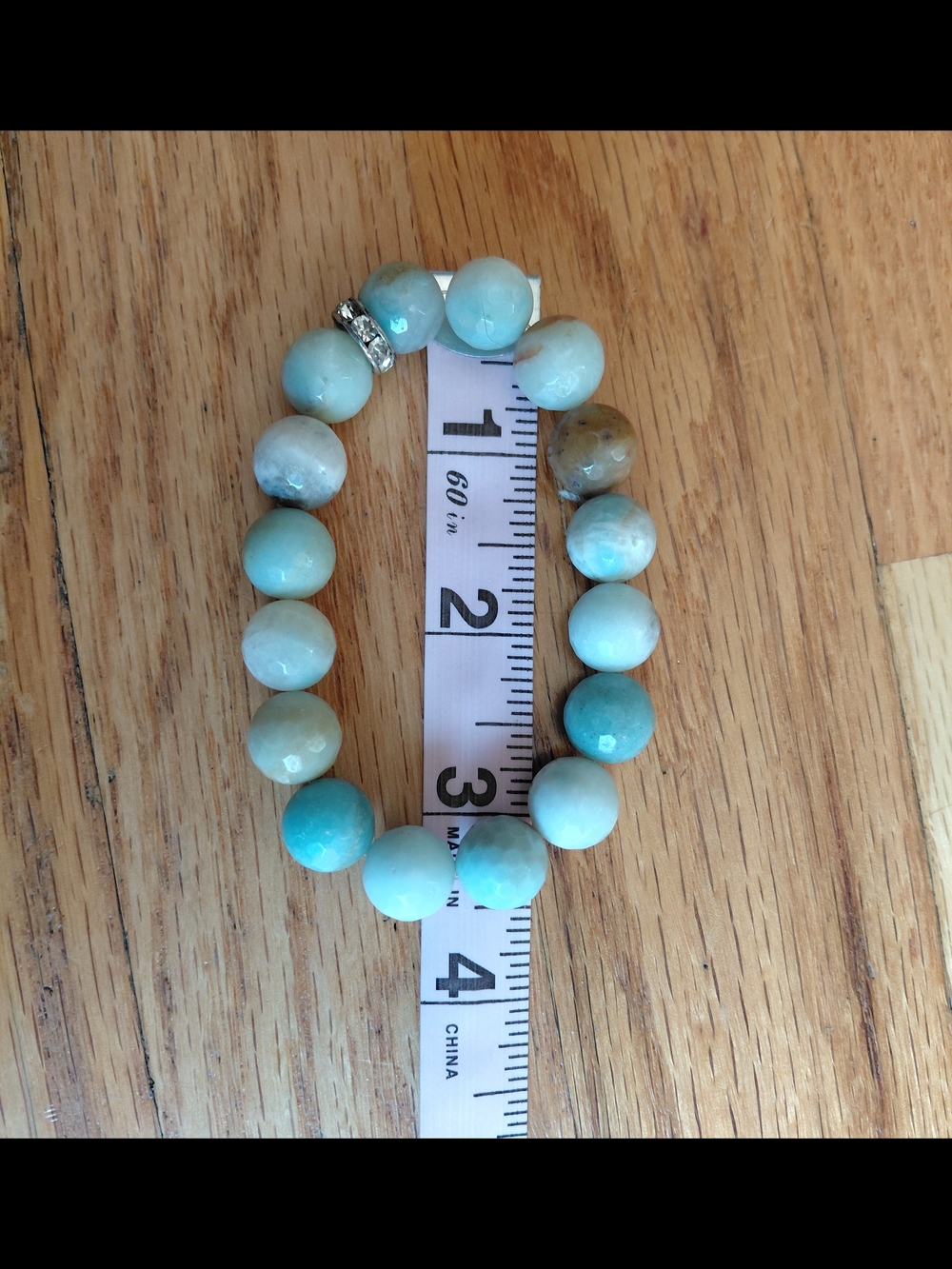 Amazonite Beaded Stretch Bracelet in Light Aqua with Rhinestone Accent - Picture 3 of 3